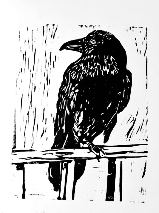 Raven Linocut Block Print